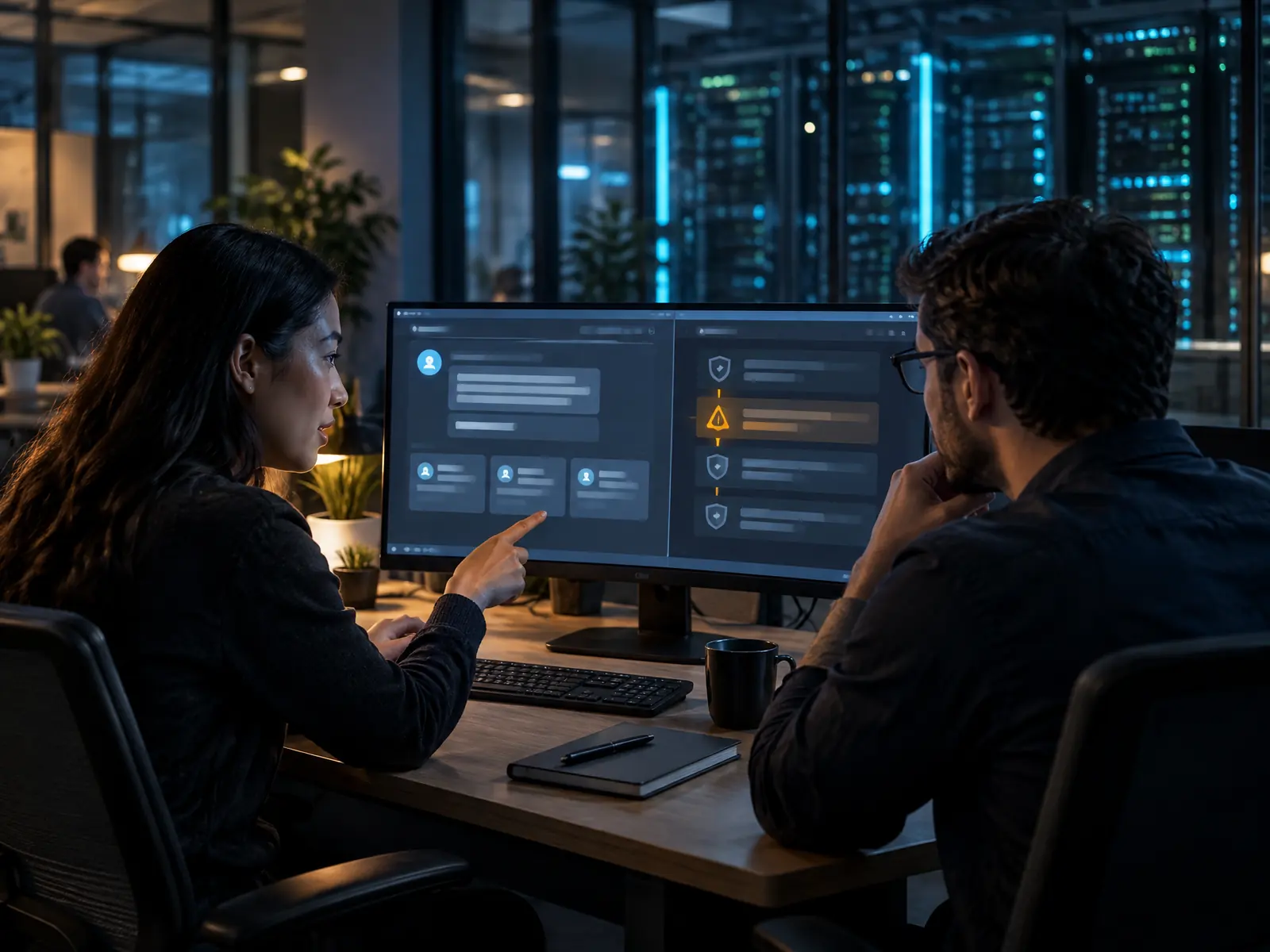 An AI engineer and a security specialist checking an AI assistant and the guardrails that screen its messages