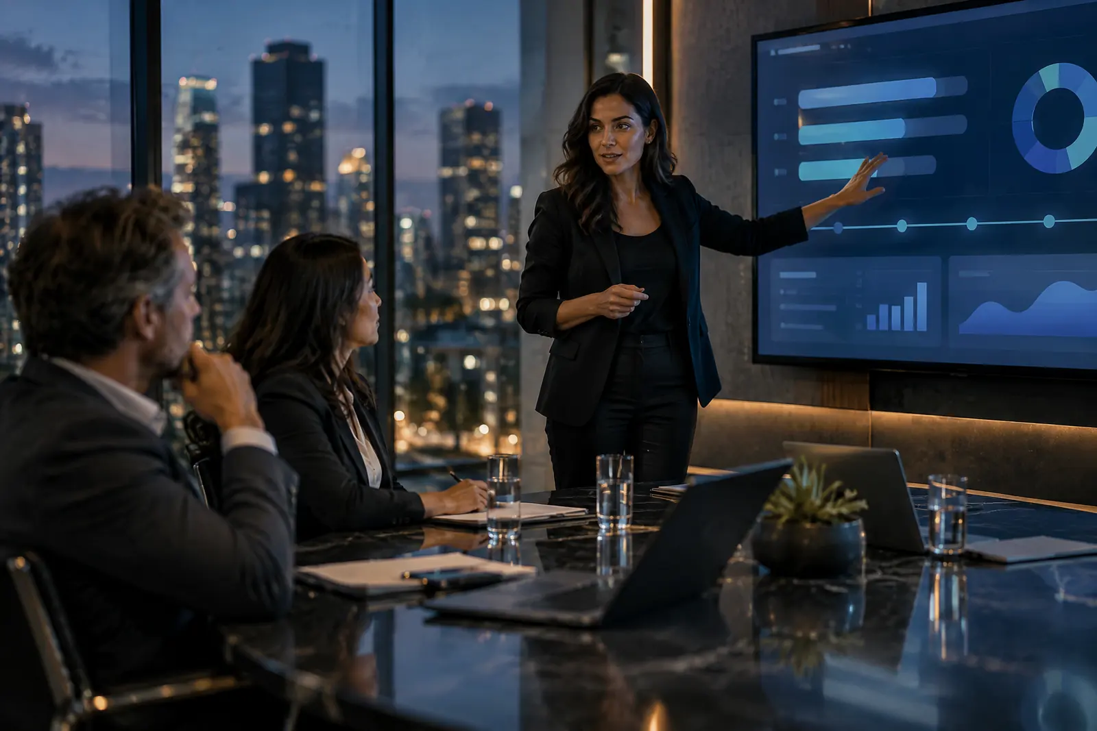 A project lead walking two business leaders through a simple progress dashboard