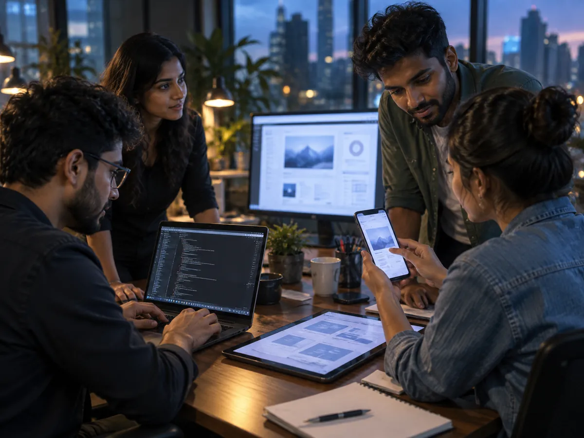 A product team building an app together, with code on a laptop and the app on a phone