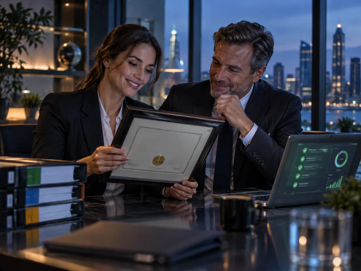 A compliance lead and a director reviewing a new certification beside the audit evidence