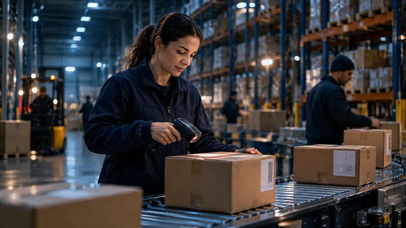 A worker scanning a parcel beside a conveyor in an e-commerce fulfilment centre