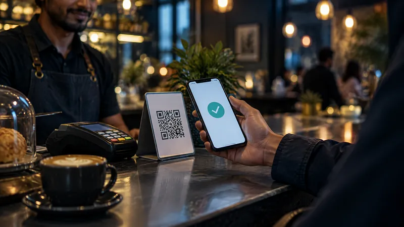 A customer paying by phone with a QR code at a cafe counter