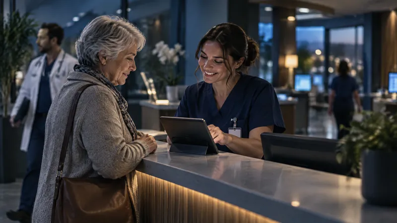 A receptionist helping a patient check in on a tablet at a hospital front desk