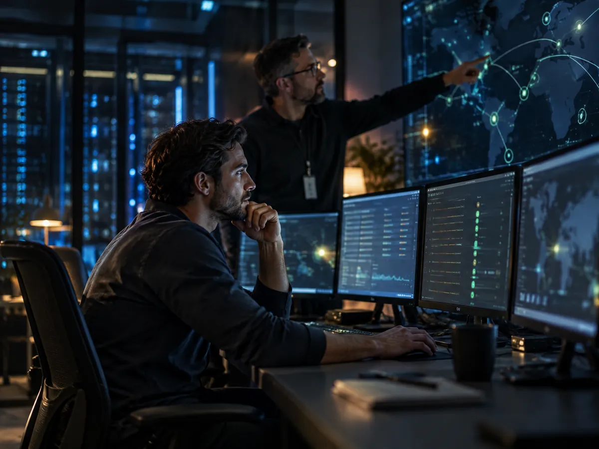 Two security engineers fixing findings and checking a network map in a security operations room