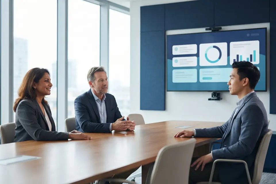 Illustration: business leaders reviewing a simple progress dashboard together