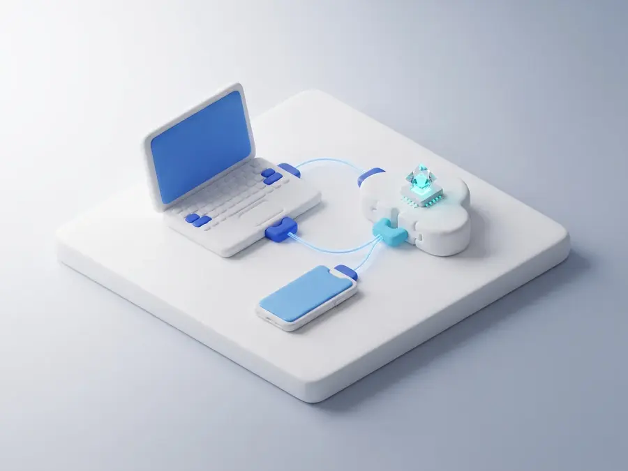 Illustration: a laptop, a phone and a cloud server joined together like building blocks