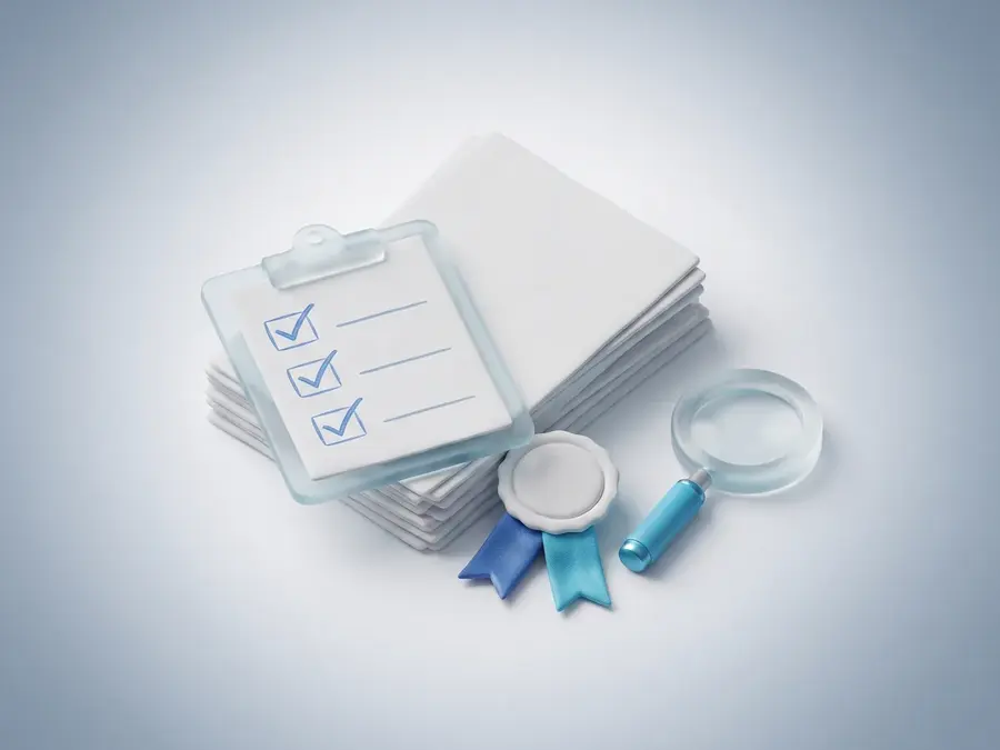 Illustration: documents with check marks, a certificate seal and a magnifying glass