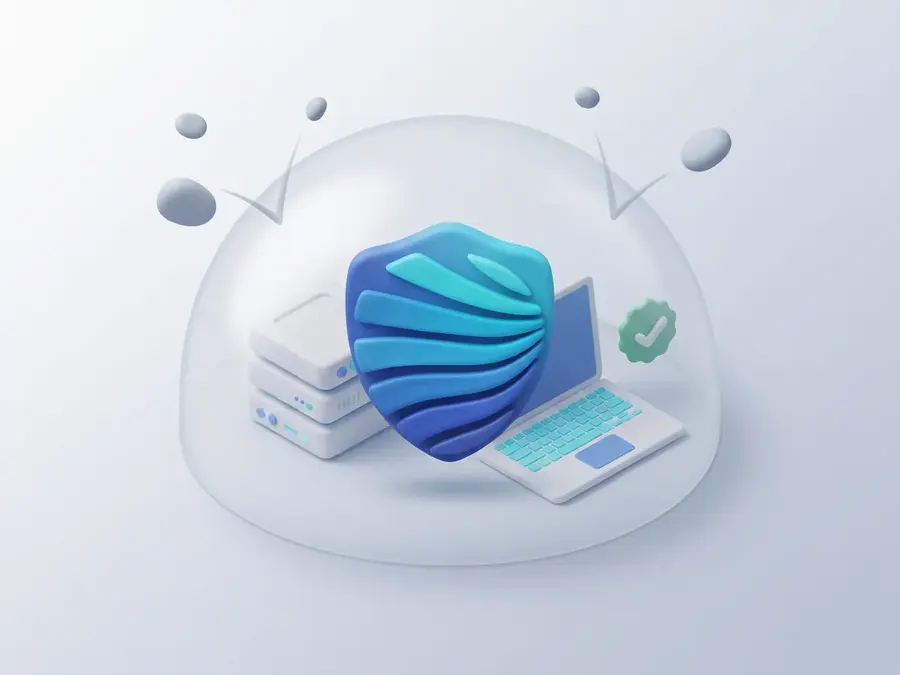 Illustration: a shield in the SecWiz globe colours standing in front of a laptop and servers
