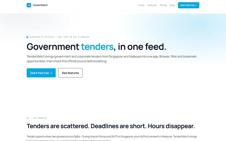 TenderWatch website, home page